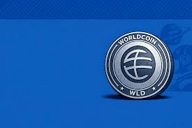 A promotional graphic featuring a silver coin labeled "WORLDCOIN WLD" against a blue background.