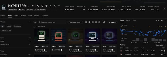 A dark-themed NFT marketplace interface for "HYPE TERMI" displays virtual computer items for sale with prices in HYPE currency and a sales activity chart.