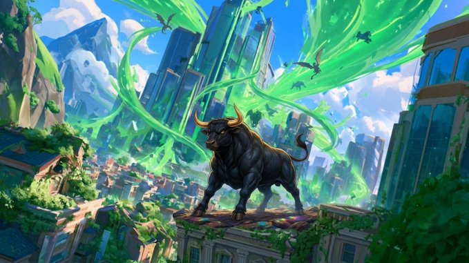 A fantasy illustration of a black bull standing on a building ledge in a green, overgrown futuristic city with birds flying and green energy swirling around.