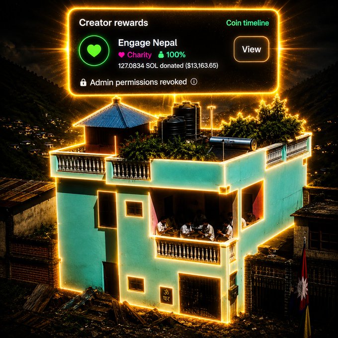 An image of a teal house outlined in glowing orange neon lights, featuring a pop-up overlay for 'Creator rewards' from 'Engage Nepal' Charity showing '127.0834 SOL donated ($13,163.65)' with a 'View' button.