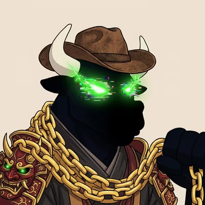 A dark, shadowy character with glowing green digital eyes, horns, and a cowboy hat, adorned with thick gold chains and a red oni mask on its shoulder.