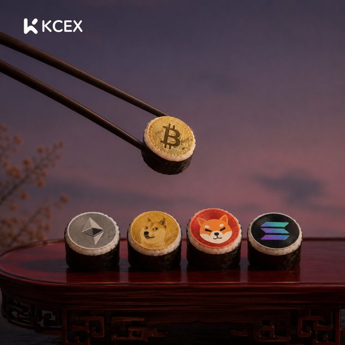 A creative advertisement for KCEX cryptocurrency exchange depicting sushi rolls branded with crypto logos (Ethereum, Dogecoin, Shiba Inu, Solana) and chopsticks holding a Bitcoin sushi roll against a dusk sky.