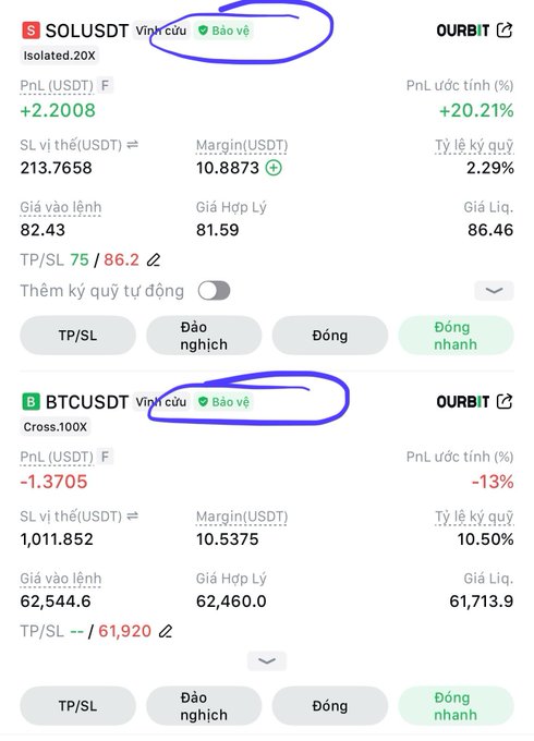 A cryptocurrency trading interface showing two positions: SOLUSDT (Isolated 20X) with a PnL of +2.2008 USDT (+20.21%) and BTCUSDT (Cross 100X) with a PnL of -1.3705 USDT (-13%), both marked with "Vĩnh cửu" and "Bảo vệ" indicators.