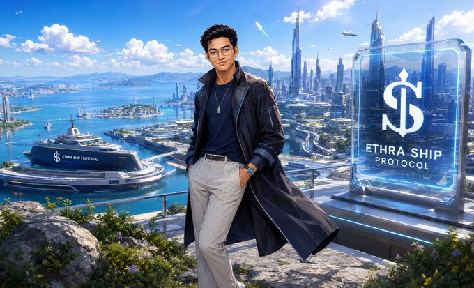 A futuristic cityscape featuring a man in a trench coat and glasses standing on a hill overlooking a harbor with cruise ships, alongside a glowing 'ETHRA SHIP PROTOCOL' logo.