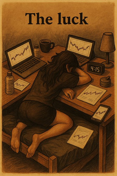 The image depicts a person asleep at a desk surrounded by screens displaying stock charts at 4:15, illustrating the unseen, intensive effort behind perceived "luck" in trading.