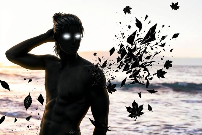 Digital artwork depicts a silhouetted muscular figure with glowing white eyes standing at a beach while the right side of their body shatters into shards and falling autumn leaves.
