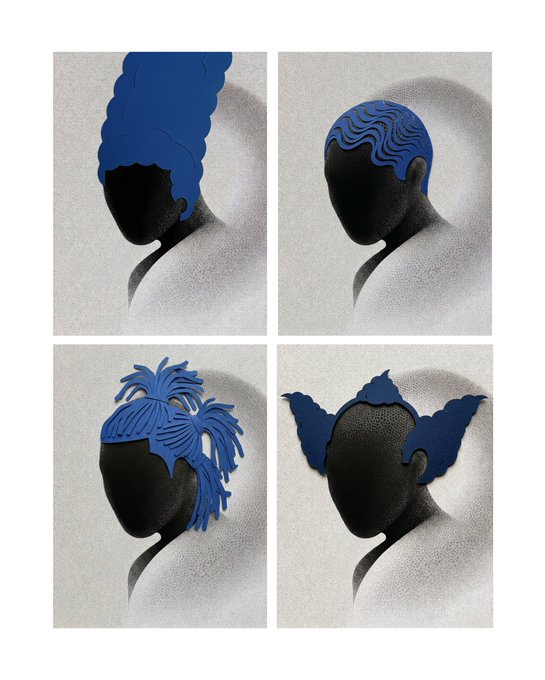 A four-panel art illustration features silhouetted profiles with distinctive blue hairstyles—curly, wavy, dreadlocked, and winged—set against a soft gray background.