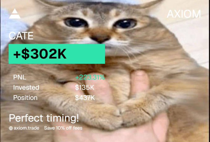 Trading advertisement on an image of a brown cat showing 'CATE +$302K, PNL +223.31%, Invested $135K, Position $437K, Perfect timing!' by AXIOM.trade.