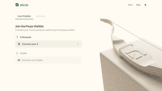 A clean, minimalist landing page for "arcus" inviting users to join the Perps Waitlist by connecting their X Account and any wallet. The right side features a sleek image of eyeglasses resting on a textured stone block, reinforcing the brand's polished aesthetic as promoted by the post highlighting Arcus as a new project from the dYdX team within the Robinhood ecosystem.