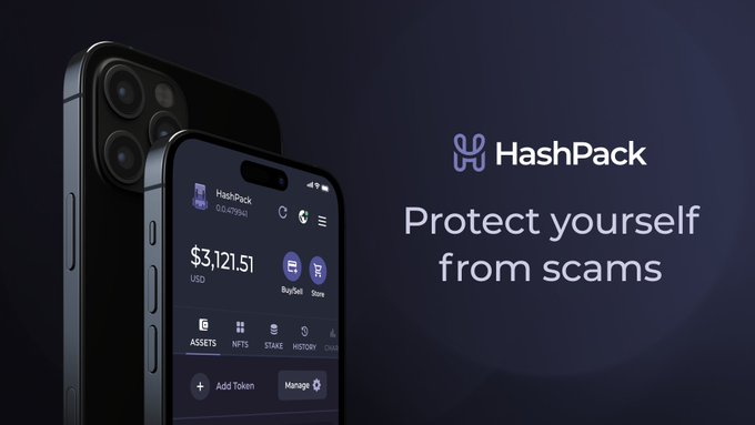 A promotional image featuring a smartphone displaying the HashPack wallet app with a balance of $3,121.51 USD, alongside the text 'HashPack - Protect yourself from scams'.