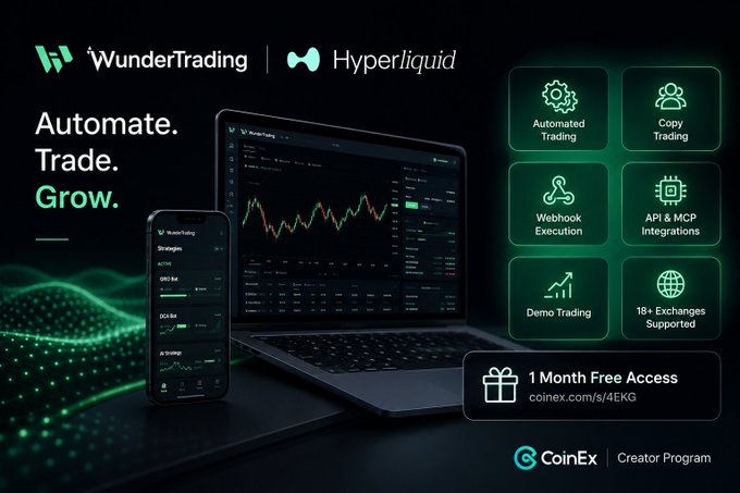 The image shows a laptop computer with an app displayed on its screen that appears to be related to trading or investing. The laptop is open, displaying a chart of stock prices for a company. A cell phone is also present in the scene, placed next to the laptop. The background features a dark green color scheme and includes text promoting a trading platform called WunderTrading, which offers an automatic trading system that allows users to trade stocks without having to manually enter data into their computers.