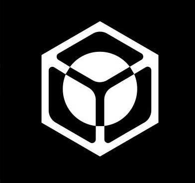A white geometric logo featuring a hexagon with an internal circular and triangular design on a black background.