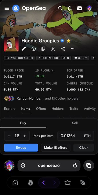 A mobile screenshot of the OpenSea NFT marketplace showing the "Hoodie Groupies" collection by Y6nFRULA.ETH on the Robinhood Chain, with a floor price of 0.0117 ETH and 5.35 ETH in 24-hour volume.