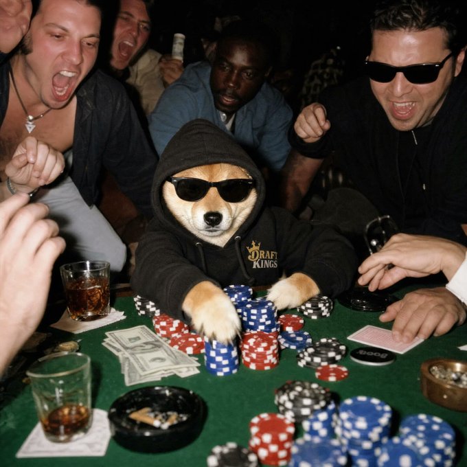A humorous photo shows a Shiba Inu dog wearing sunglasses and a black 'DraftKings' hoodie, sitting at a green poker table with its paws on stacks of red and blue chips while excited men cheer in the background.
