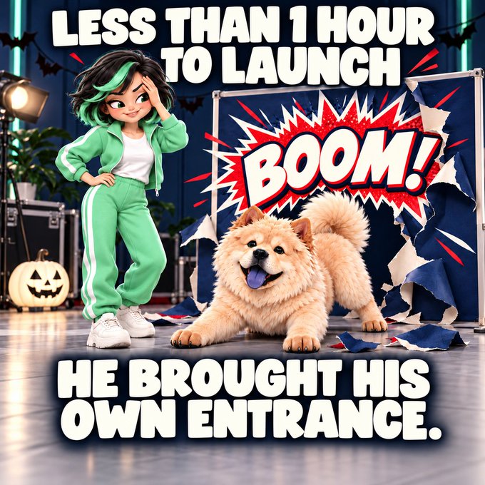 A comic-style illustration with the text 'LESS THAN 1 HOUR TO LAUNCH' and 'HE BROUGHT HIS OWN ENTRANCE,' depicting a girl in green track pants next to a happy fluffy dog bursting through a backdrop with a 'BOOM!' graphic.