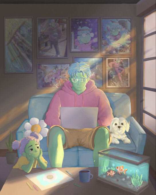 A digital illustration of a green-skinned character with glasses and a pink hoodie sitting on a couch with a laptop, accompanied by a small white dog, a green plant-child, and an aquarium, surrounded by anime-themed wall art.