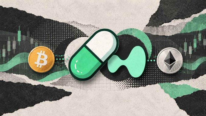 A stylized illustration features a green and white pill capsule alongside gold Bitcoin and silver Ethereum coins, with candlestick charts and a green wave pattern in the background—visually symbolizing Pumpfun's expansion into perpetual futures trading for BTC and ETH via Hyperliquid's infrastructure.