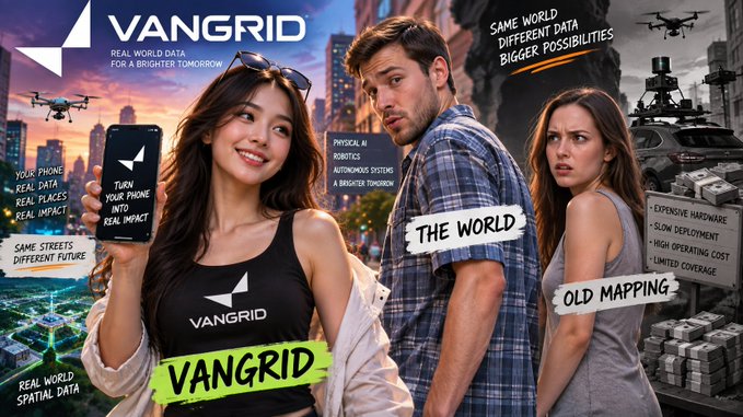 A VANGRID promotional image contrasting a smiling woman holding a phone ('Same World Different Data Bigger Possibilities') with a stressed man and woman labeled 'Old Mapping', highlighting features like 'Physical AI' and 'Autonomous Systems'.