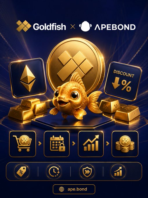 A promotional graphic showcases the Goldfish × ApeBond partnership, featuring a golden fish character surrounded by Ethereum (ETH), discount, and investment icons, with the tagline "Goldfish × APEBOND" at the top and "ape.bond" at the bottom. The image visually reinforces the post by illustrating the process of buying $GGBR at a discount through Ethereum Bonds, highlighting the steps of purchasing, bonding, and earning with the discount percentage icon.