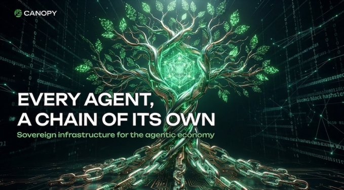A promotional graphic for Canopy featuring the text 'EVERY AGENT, A CHAIN OF ITS OWN' and 'Sovereign infrastructure for the agentic economy.' The design includes a digital tree with a glowing green hexagonal core and binary code in the background.