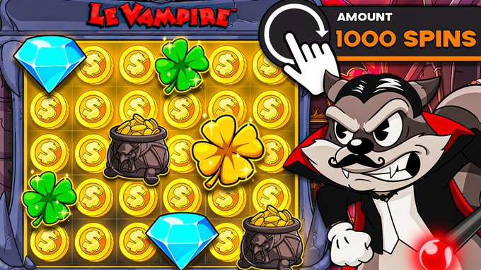 A slot machine game screen titled 'LE VAMPIRE' displaying a character in a vampire cape, with 'AMOUNT 1000 SPINS' shown in the top right corner, featuring gold coins, clovers, diamonds, and treasure pots on the reels.