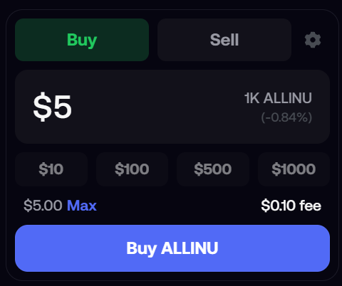 Mobile app interface for purchasing a cryptocurrency token, showing $5 selected to buy '1K ALLINU' at -0.84%, with quick options for $10, $100, $500, $1000, a $5.00 max, $0.10 fee, and a blue 'Buy ALLINU' button.