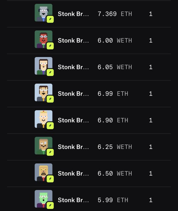 A dark-mode digital marketplace listing shows multiple pixel-art avatars selling "Stonk Br..." items priced between 5.99 and 7.369 ETH or WETH.