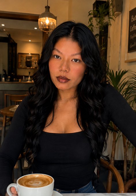 A young woman with long black hair and dark lipstick wearing a black long-sleeved top, sitting in a cafe holding a cup of coffee, with a sign partially reading "Bu... Coffe..."