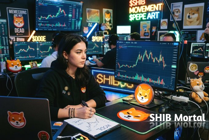 An AI-generated image of a young woman working at a cryptocurrency trading desk covered in Shiba Inu and PEPE coin imagery, with charts on monitors and the text 'SHIB Mortal'.