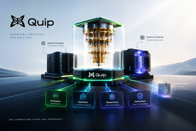 A promotional graphic for "Quip Quantum Computing For Everyone" showing a central quantum computer with surrounding service categories: Developers, Operators, Researchers, and Verification.