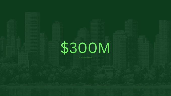 A graphic displays "$300M" in large green text with "in volume AUM" underneath, set against a dark cityscape background. The image visually represents the milestone of $300 million in volume achieved on Pumpfun, as highlighted in the post celebrating OTC's trading success.