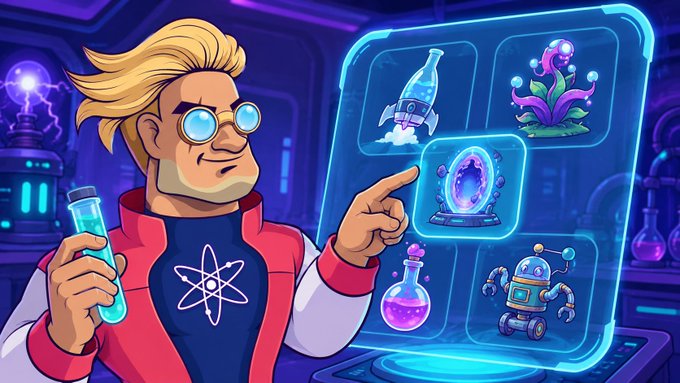 A cartoon illustration of a blonde scientist wearing goggles holding a flask, pointing at a holographic display showing various items including a portal, plant, and robot.