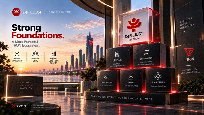 A promotional graphic for DeFi_JUST on TRON blockchain, featuring the text 'Strong Foundations. A More Powerful TRON Ecosystem' alongside icons for Enable Innovation, Increase Utility, Support Long-Term Growth, Lending, Borrowing, Developers, Users, and Ecosystem.