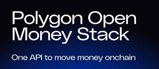 A dark blue gradient banner with white text reading 'Polygon Open Money Stack' and the tagline 'One API to move money onchain'.