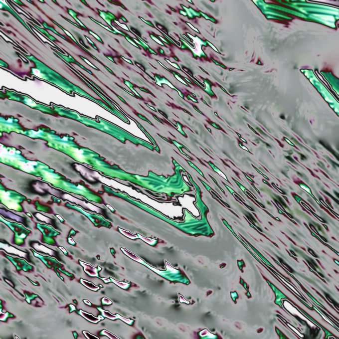 Abstract distorted image with swirling green, white, and gray patterns that appear digitally warped or glitched.
