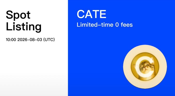 A promotional graphic announcing the spot listing of $CATE (a Solana meme token) on BingX, scheduled for August 3, 2026, at 10:00 UTC, with limited-time zero trading fees available August 3–10 (UTC). The image features a gold coin logo with a stylized "C" against a blue background, highlighting the token's community-focused features such as rewards and tipping.
