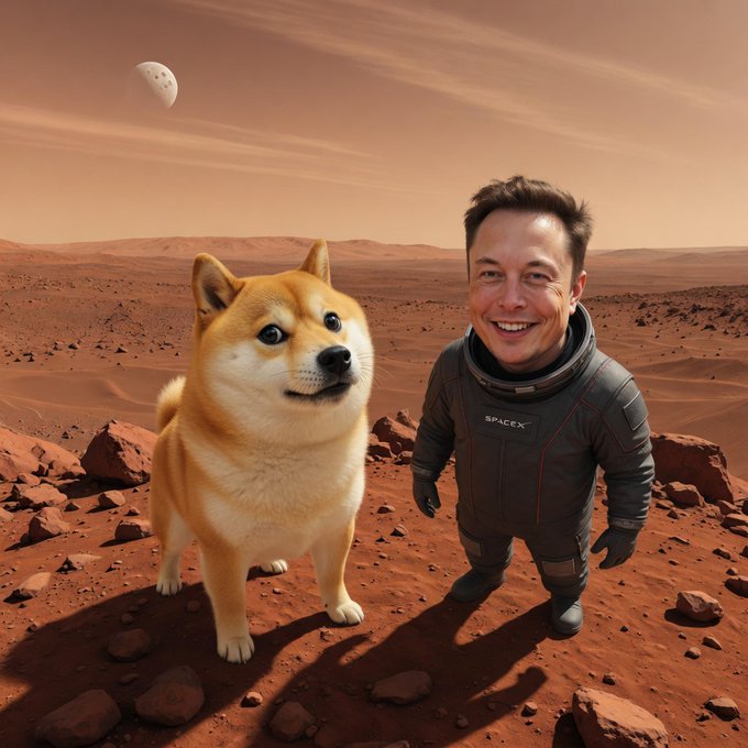 A Shiba Inu dog stands alongside a smiling man in a "SpaceX" spacesuit on the red Martian landscape, with a small moon visible in the rust-colored sky. The image humorously depicts the "$DOGE" dream team of Elon Musk and Dogecoin arriving on Mars together.