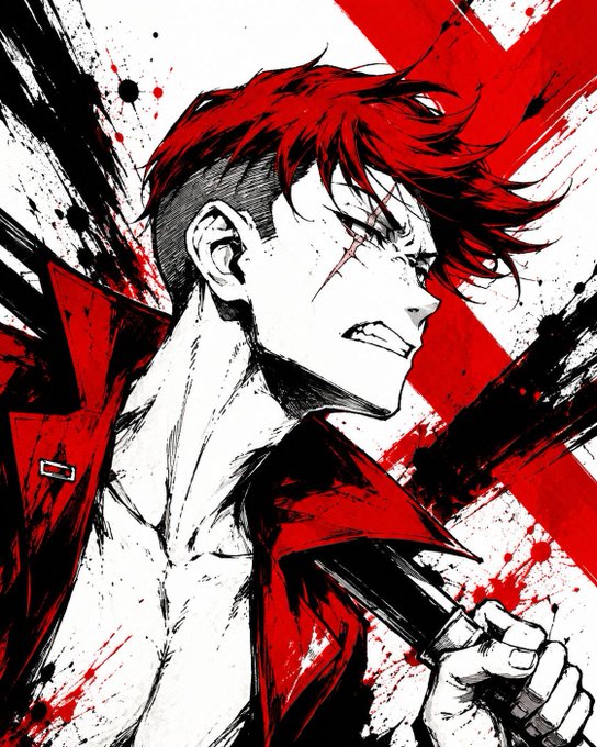 A stylized manga/anime illustration of a red-haired male character with an undercut hairstyle, wearing a red jacket and holding a knife, set against a dynamic black, white, and red splattered background.