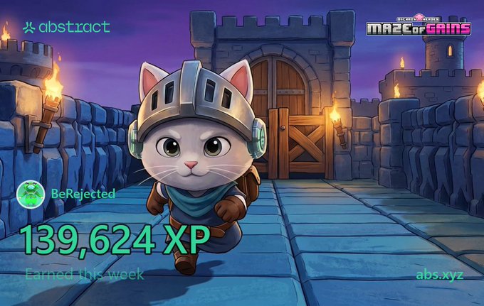 The image features a cartoon cat wearing a knight's outfit, walking across a blue path with a castle in the background. The caption of the image reads "Happy XP day! Almost ath XP for me, so I guess I cooked? Did a bit more transactions in Moody drops to stack some more black diamonds to prepare for the vault launch Unfortunately my black diamond luck is not the best How did you guys do?".