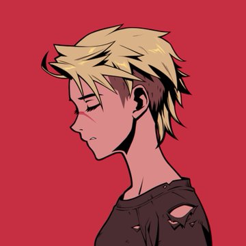 A profile illustration of an anime-style character with exaggerated, spiky blonde hair, an undercut, and a torn dark shirt against a solid red background.