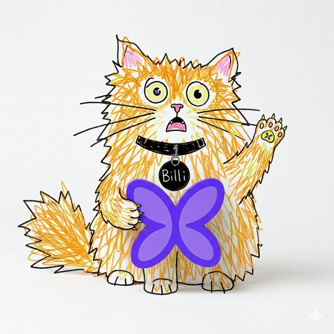 A childlike crayon drawing of an orange fluffy cat named "Billi" (per its collar tag) waving with one paw, overlaid with a translucent purple butterfly and the text "0xb7399d235d94f2ea4403f424483852c4c6c97777," combining a whimsical pet illustration with a crypto wallet address.