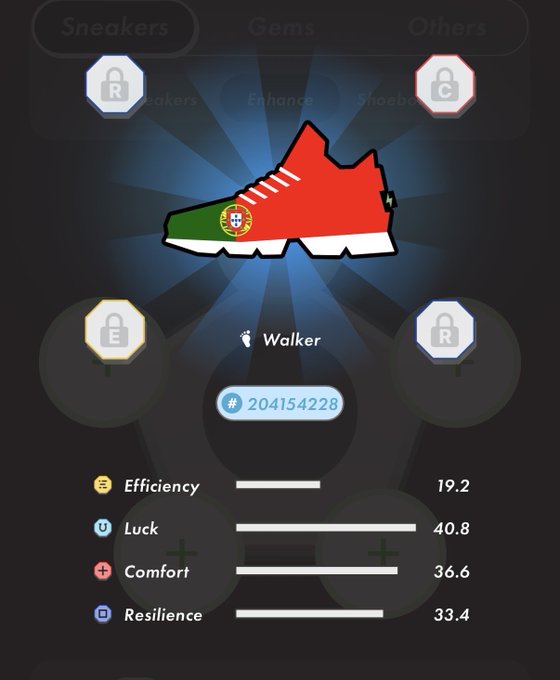 The image shows a shoe with the logo of Portugal, which is red and green. The shoe appears to be a sneaker or athletic shoe designed for running or other physical activities. The background of the image features a blue screen displaying various icons related to the game, such as "walkers", "winners", and "loser".