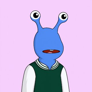 A simple cartoon illustration features a blue alien-like character with stalk eyes and buck teeth, wearing a green and white varsity jacket against a pink background.