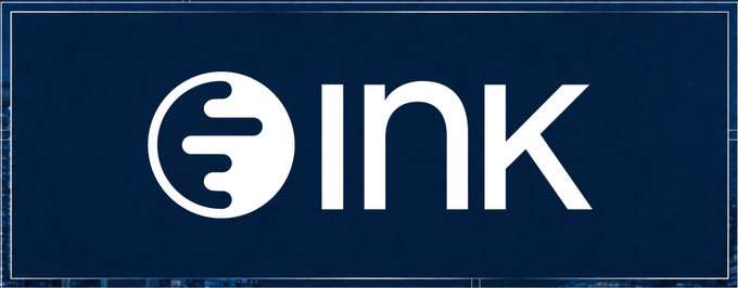 The Ink logo displayed in white on a dark blue background, representing Ink on Chain ($INK), an L2 blockchain highlighted in the accompanying post for launching practical features like Hypercall Earn rather than just posting memes.