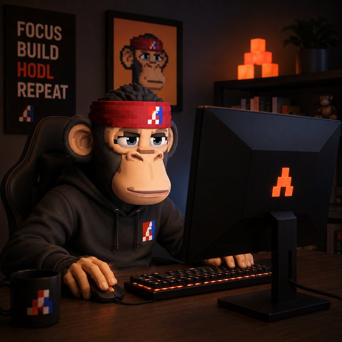 A person wearing a chimpanzee mask and a red headband sits at a gaming setup with a glowing monitor and keyboard; a framed 'FOCUS BUILD HODL REPEAT' poster hangs on the wall behind.