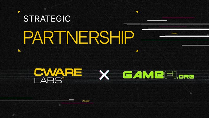 A dark promotional graphic announcing a 'Strategic Partnership' between CWARE Labs and GameFi.org.
