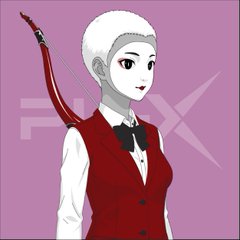 An anime-style illustration of a pale-skinned character with white hair wearing a red vest and black bow tie, holding a large red bow.