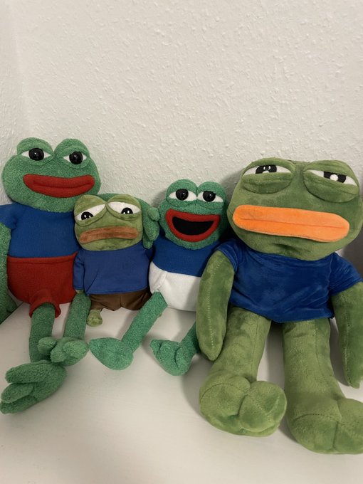 Four plush Pepe the Frog toys of varying sizes lined up against a textured white wall, featuring the iconic green frog with different facial expressions.