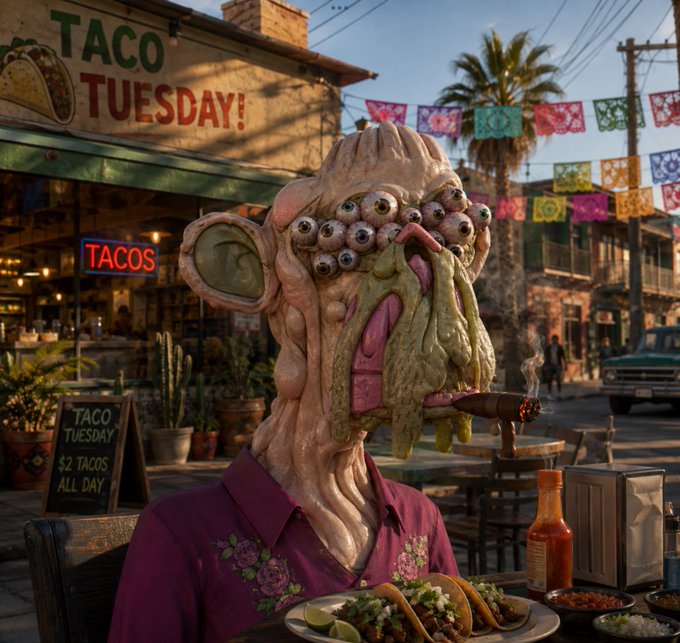 A surreal AI-generated image shows a grotesque multi-eyed alien-like creature with a fleshy, textured face sitting at an outdoor table eating tacos. Behind it is a taco stand with signs reading 'TACO TUESDAY!', 'TACOS', and 'TACO TUESDAY $2 TACOS ALL DAY'.