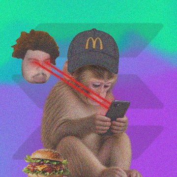 Surreal digital art featuring a monkey wearing a McDonald's cap looking at a smartphone with red laser eyes, accompanied by a floating head with curly hair and a hamburger against a green and purple gradient background.